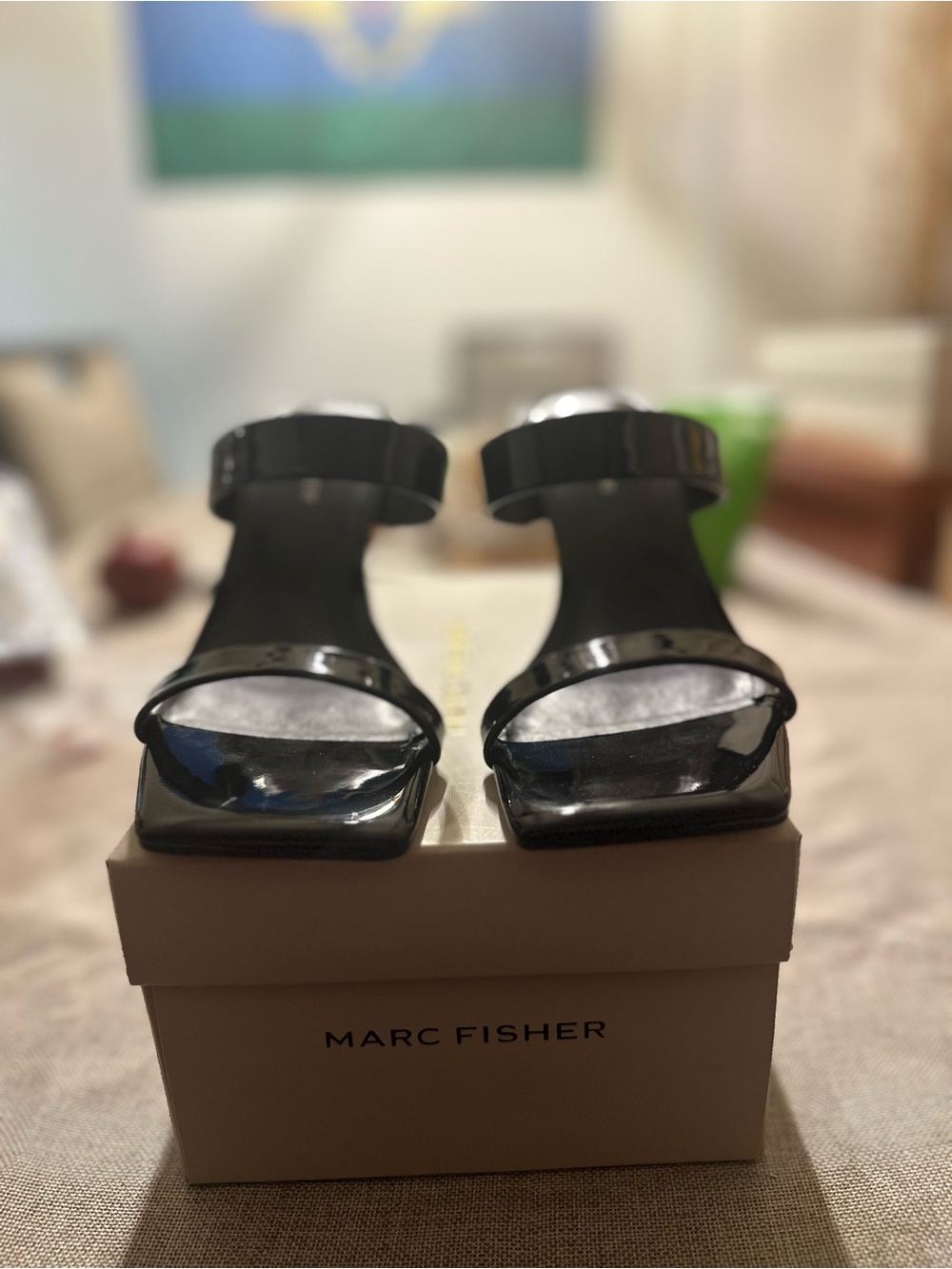Marc Fisher Black Patent Square Toe Slip On Heels